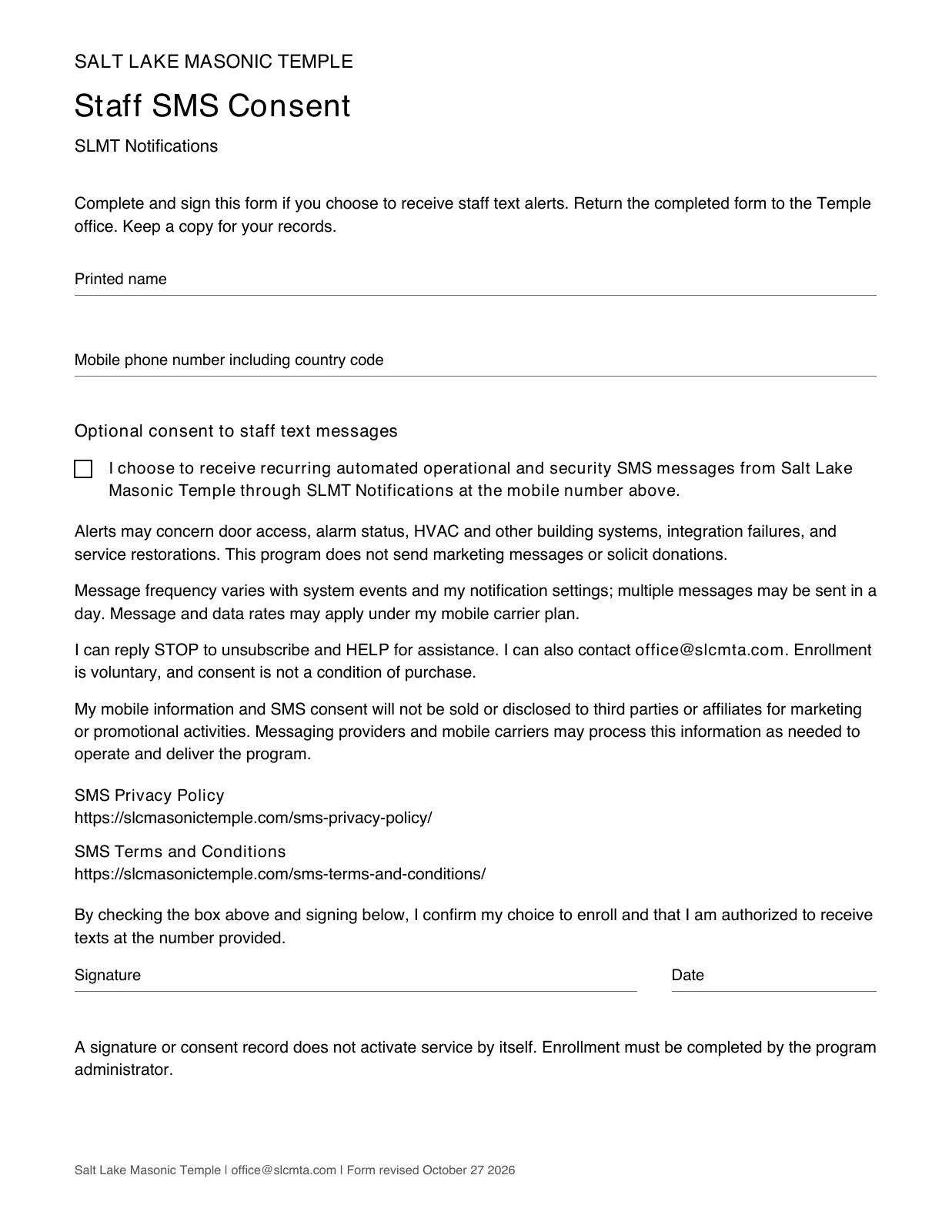 Blank staff SMS consent form: phone field, optional unchecked consent box, complete disclosures, signature and date lines